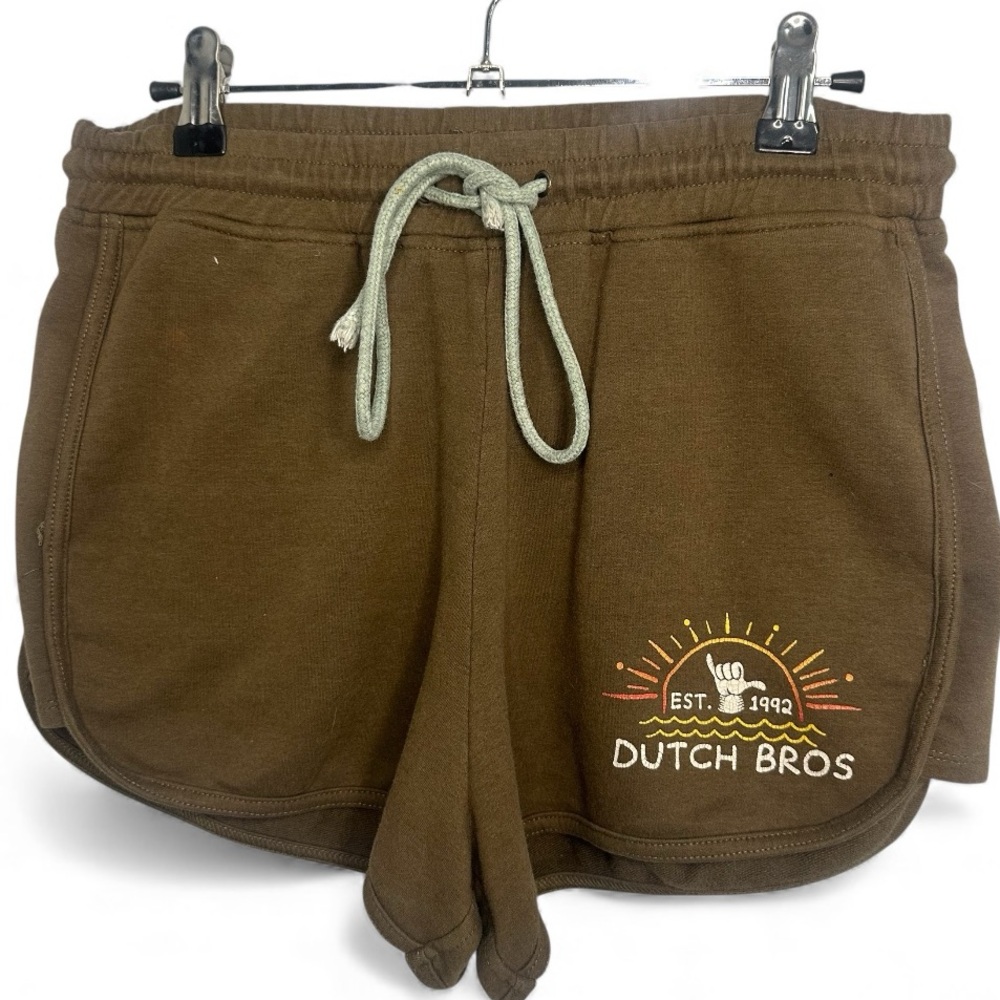 Dutch Bros Women’s MEDIUM Brown Drawstring Shorts EST. 1992 Hang Loose DB